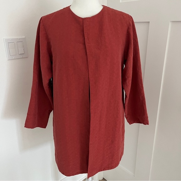 Eileen Fisher Silk Linen Suit 2 Piece Set Orange Rust Red Round Neck Sz S * - Picture 1 of 5